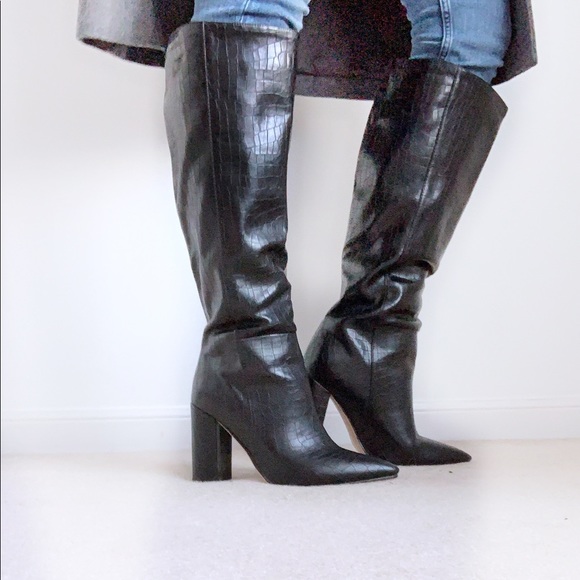 Knee Tall Vegan PU Croc Pointed Boots - Picture 6 of 8